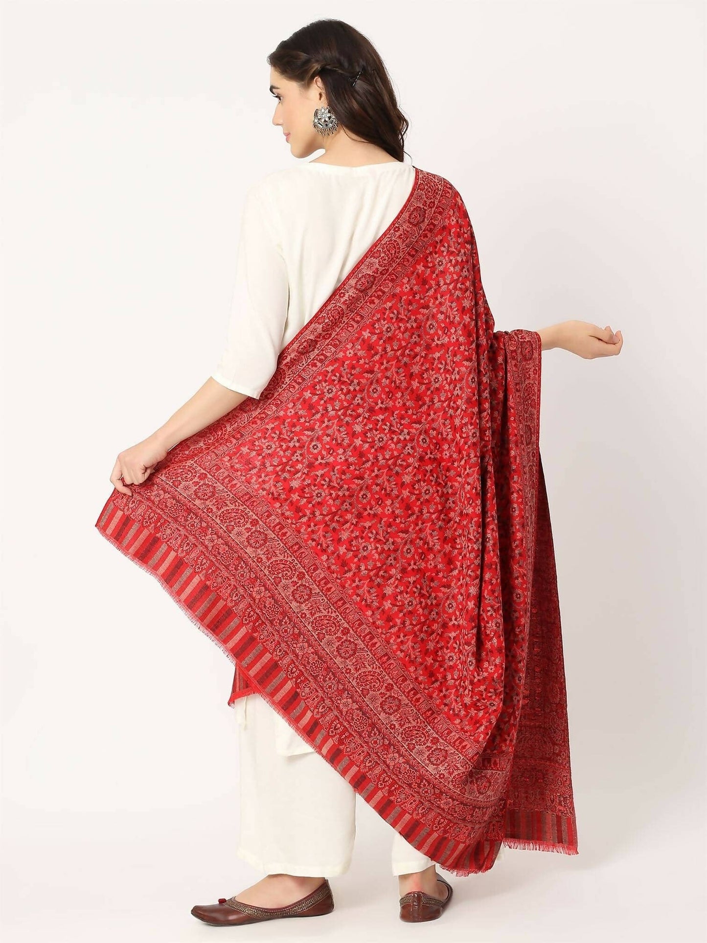 Red Pure Wool Kani Multiweave Shawl for women - HalfPe