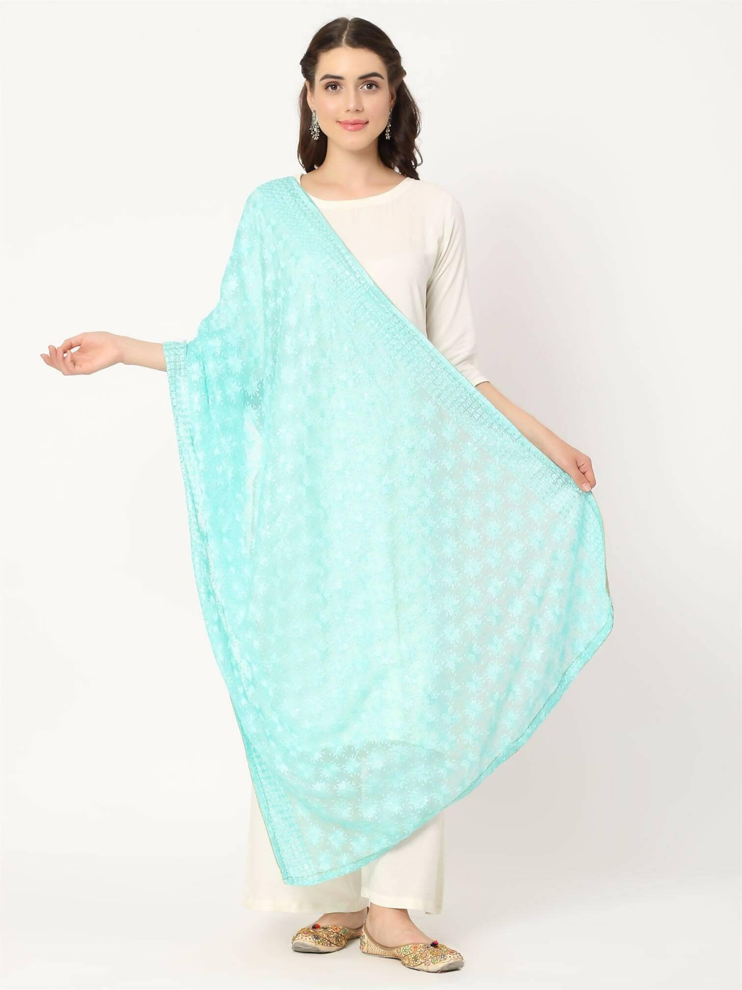 Sea Green Sequined Phulkari Embroidery Dupatta - HalfPe