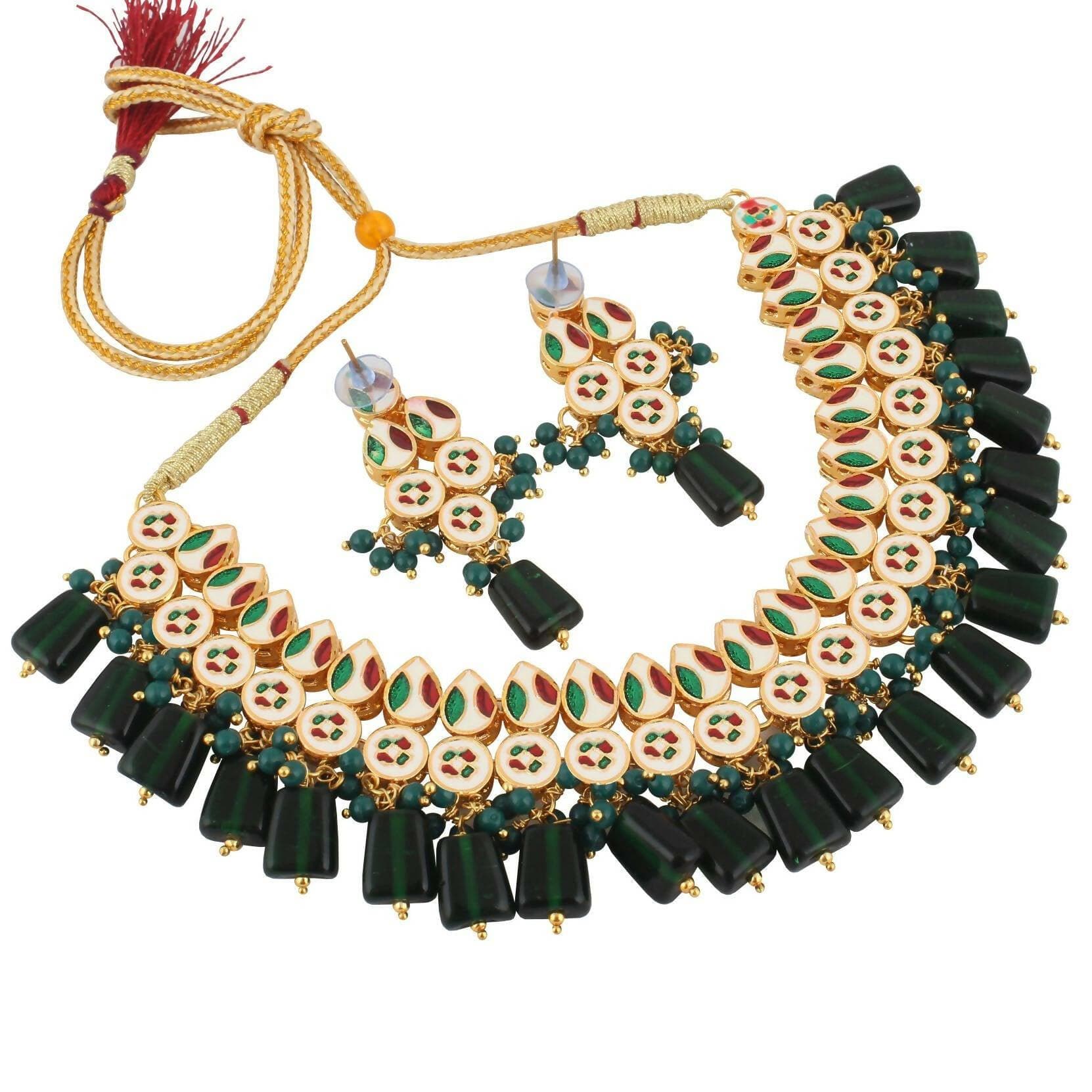 LUCKY JEWELLERY Back Meenakari 18k Gold Plated Green Color Tika Earring Combo Uncut Big Faux Kundan Choker Necklace set - HalfPe