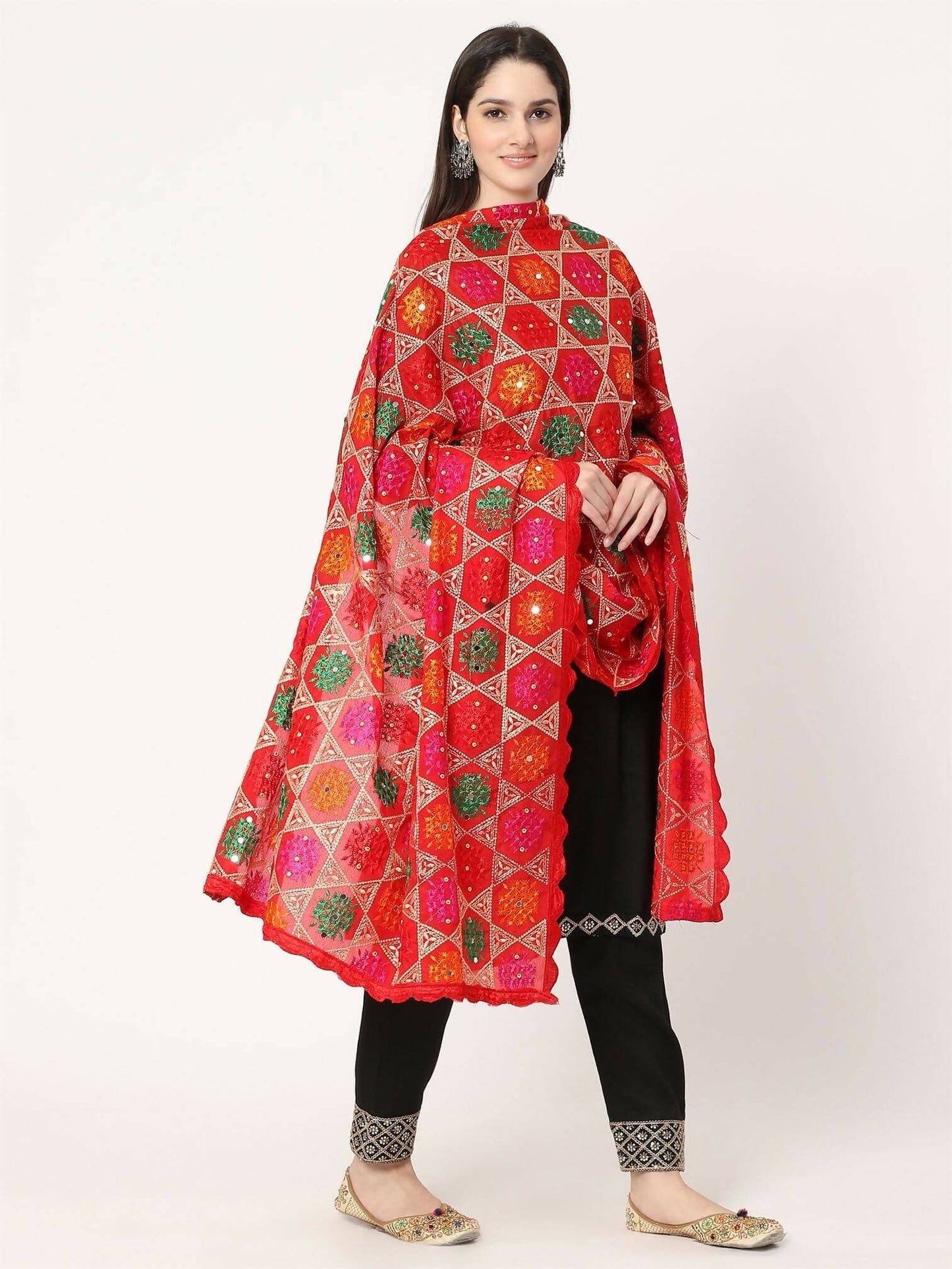 Red Multicolour Phulkari Dupatta With Mirror - HalfPe