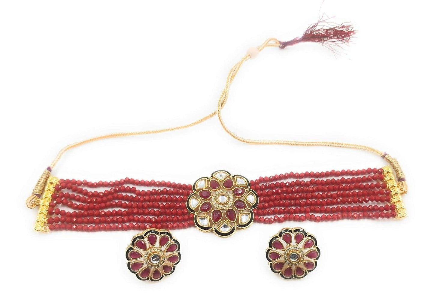 Meenakari ad kundan chokar necklace with earrings (maroon) - halfpeapp