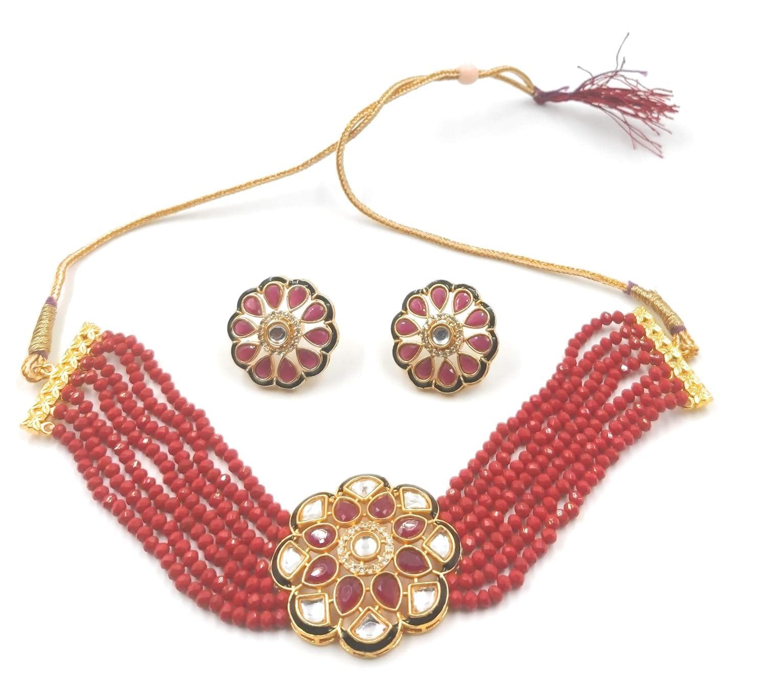 Meenakari ad kundan chokar necklace with earrings (maroon) - halfpeapp