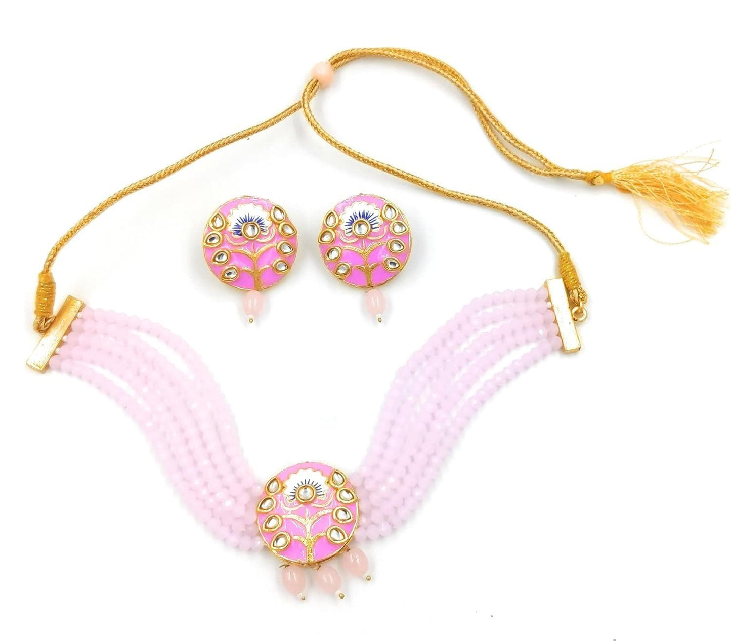 Meenakari chokar light pink color wedding necklace with earrings - halfpeapp