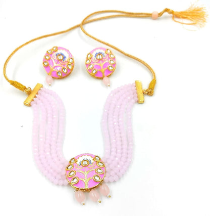 Meenakari chokar light pink color wedding necklace with earrings - halfpeapp