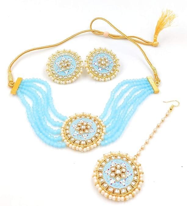 Meenakari designer kundan chokar light sky blue color jewellery set - halfpeapp