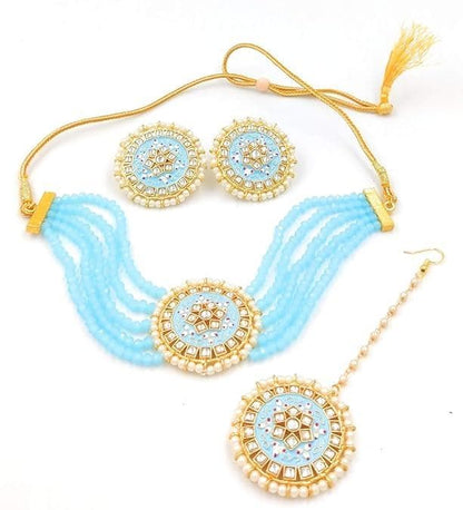 Meenakari designer kundan chokar light sky blue color jewellery set - halfpeapp