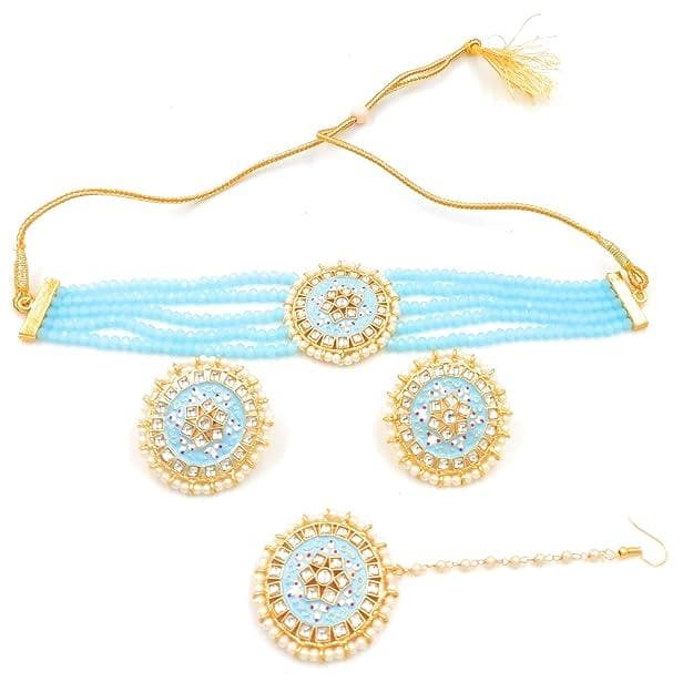 Meenakari designer kundan chokar light sky blue color jewellery set - halfpeapp