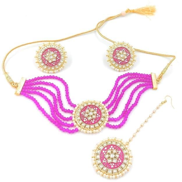 Meenakari designer kundan chokar pink color necklace with earrings - halfpeapp