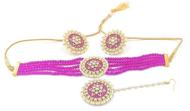 Meenakari designer kundan chokar pink color necklace with earrings - halfpeapp