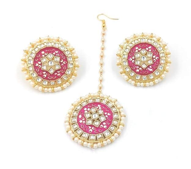 Meenakari designer kundan chokar pink color necklace with earrings - halfpeapp