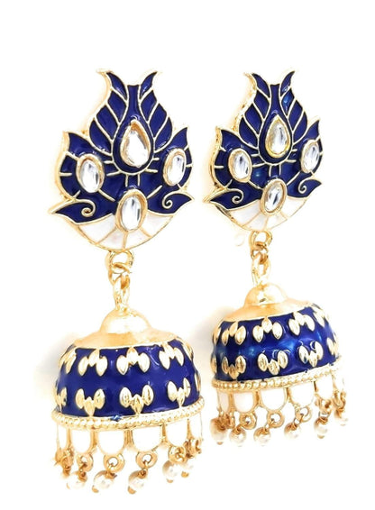 Meenakari handmade kundan dark navy blue color earrings - halfpeapp