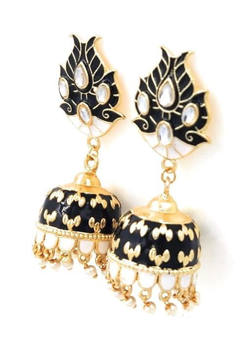 Meenakari handmade kundan golden black color earrings - halfpeapp
