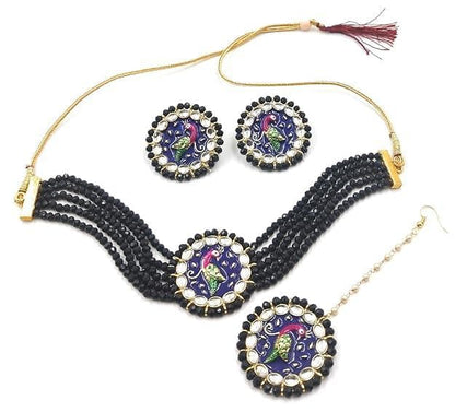 Meenakari kudan peacock chokar dark navy blue color jewel set - halfpeapp