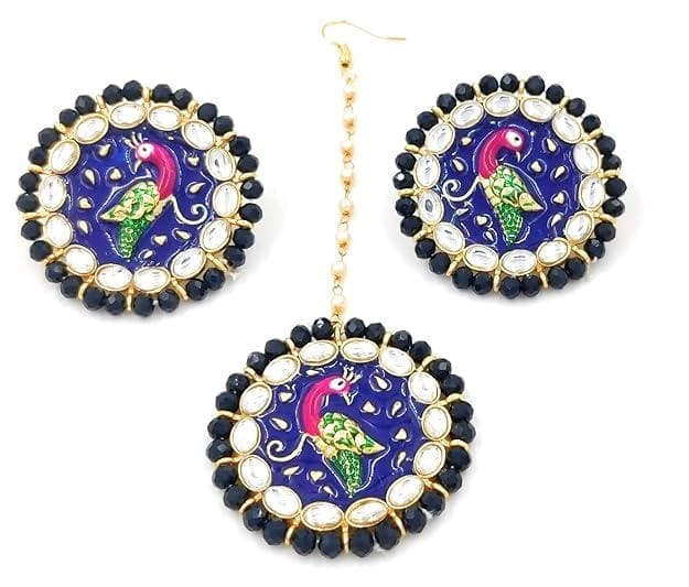 Meenakari kudan peacock chokar dark navy blue color jewel set - halfpeapp