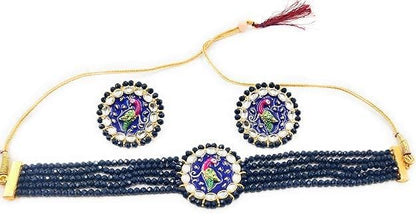 Meenakari kudan peacock chokar dark navy blue color jewel set - halfpeapp