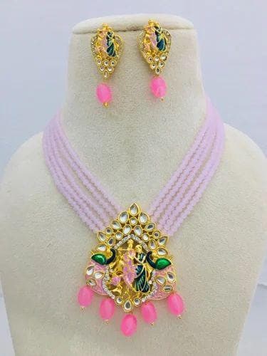 Meenakari kundan long necklace with earrings (baby pink) - halfpeapp