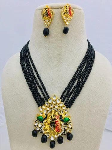 Meenakari kundan long necklace with earrings (black) - halfpeapp