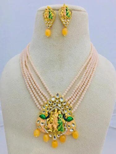 Meenakari kundan long necklace with earrings (light yellow) - halfpeapp