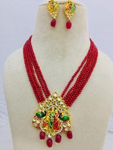 Meenakari kundan long necklace with earrings (red) - halfpeapp