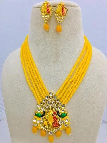 Meenakari kundan long necklace with earrings (yellow) - halfpeapp