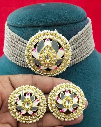 Meenakari lotus chokar necklace set - halfpeapp