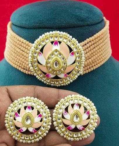 Meenakari lotus chokar necklace with earrings (beige) - halfpeapp