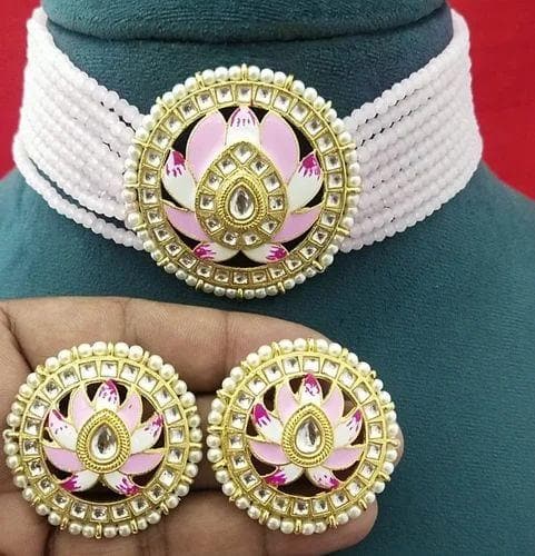 Meenakari lotus chokar necklace with earrings (white) - halfpeapp