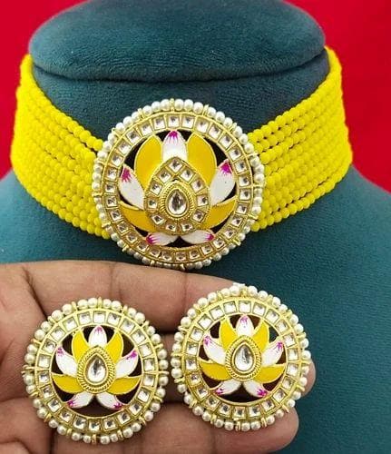 Meenakari lotus chokar necklace with earrings (yellow) - halfpeapp