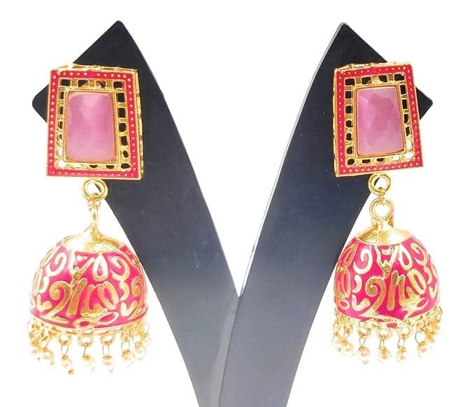 Meenakari magenta pink color earrings - halfpeapp