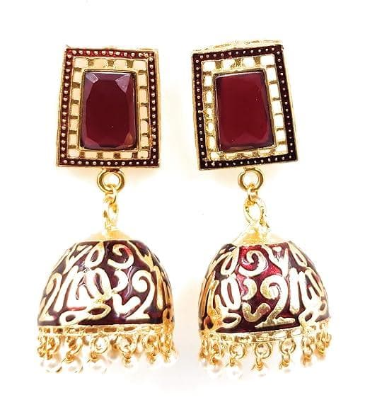 Meenakari pearl fabouelous design red stone earrings - halfpeapp