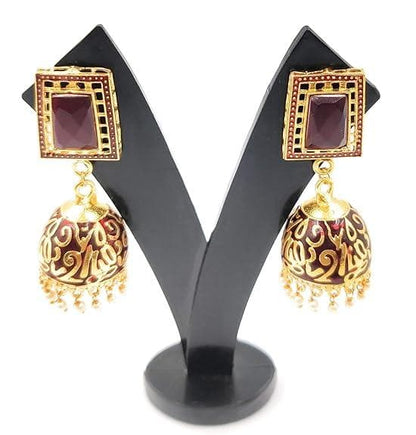 Meenakari pearl fabouelous design red stone earrings - halfpeapp