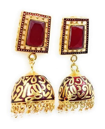 Meenakari pearl fabouelous design red stone earrings - halfpeapp