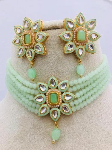 Meenakari star chokar jewellery with earrings (light green) - halfpeapp