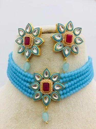 Meenakari star chokar necklace with earrings (blue) - halfpeapp