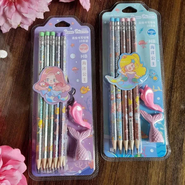 Mermaid hb lead pencils stationary kit (pack of 2pcs) - halfpeapp