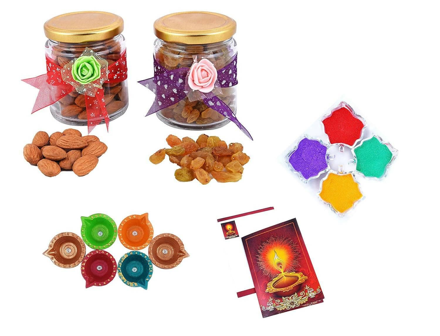 MANTOUSS Diwali Dry Fruit Decorative Glass Jar-Almond and Raisin(100gms Each),200 GMS + 2 Cute diyas, Rangoli Colours and Diwali Greeting - HalfPe