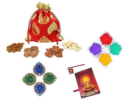 MANTOUSS Diwali Dry Fruit Red Exclusive Potli-Cashew,Almond,Walnut and Raisin (50gms Each) 200gms +2 earthern Diya, Diwali Greeting Card and Rangoli Colours - HalfPe