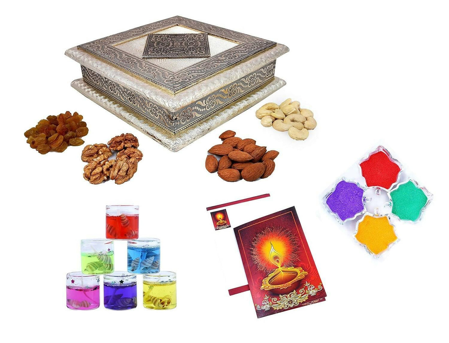 Diwali Dry Fruit Gift Pack-Cashew,Almond,Walnut and Raisin (100gms Each) 400gms+Mandala bedsheet+2 Gel Glass Candle,Card and Rangoli Colours (Dry Fruits+Glass Wax Candle+Mandala BEDSHEET) - HalfPe