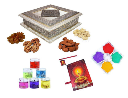 Diwali Dry Fruit Gift Pack-Cashew,Almond,Walnut and Raisin (100gms Each) 400gms+Mandala bedsheet+2 Gel Glass Candle,Card and Rangoli Colours (Dry Fruits+Glass Wax Candle+Mandala BEDSHEET) - HalfPe