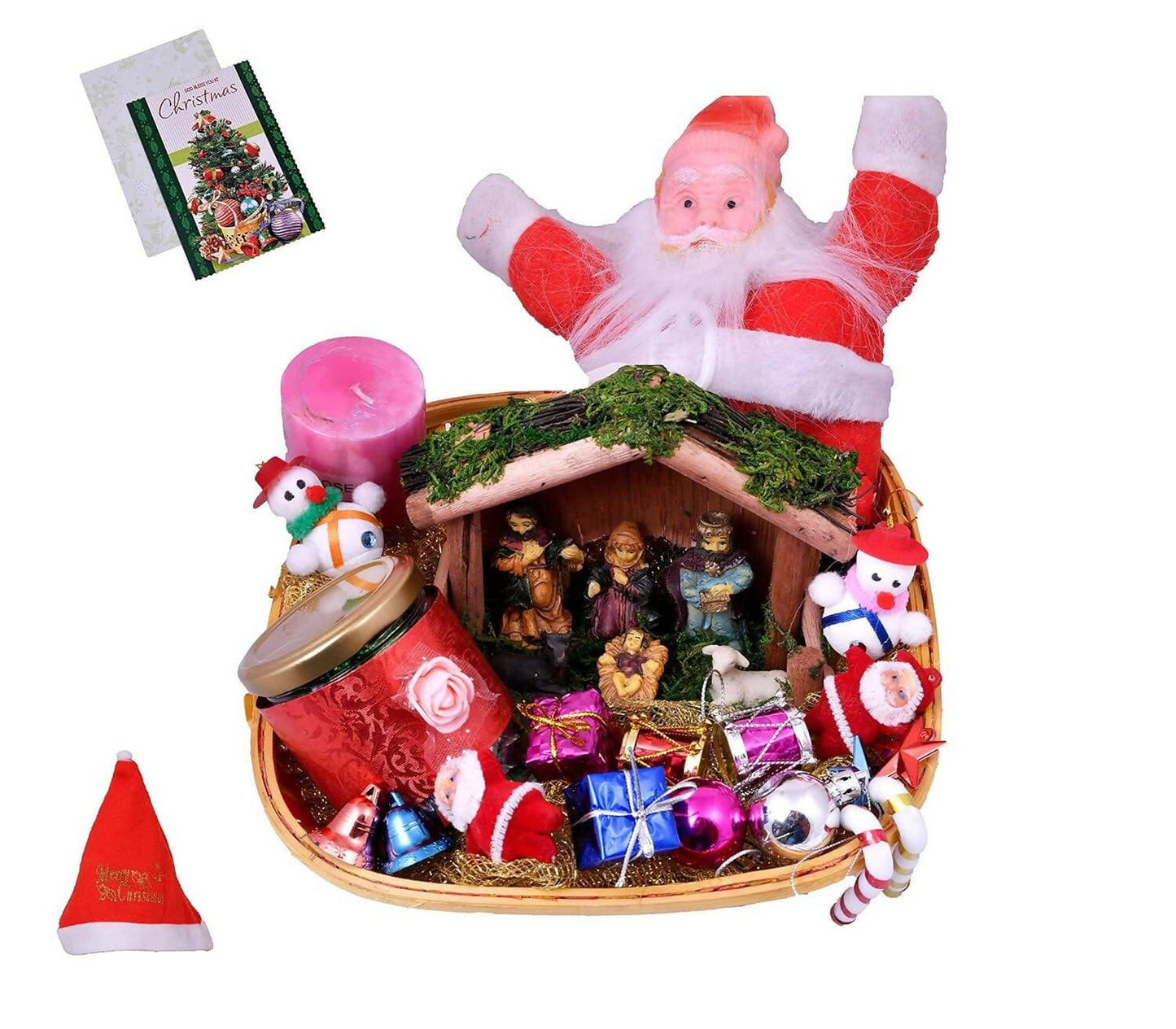 MANTOUSS Chocolate Gift Hamper-Chocolate in a Glass jar, Christmas Nativity Jesus Family Statue, Santa Clause, scenetd Candle ,Christmas Card , Christmas Tree Decoration Set ,Santa Cap - HalfPe