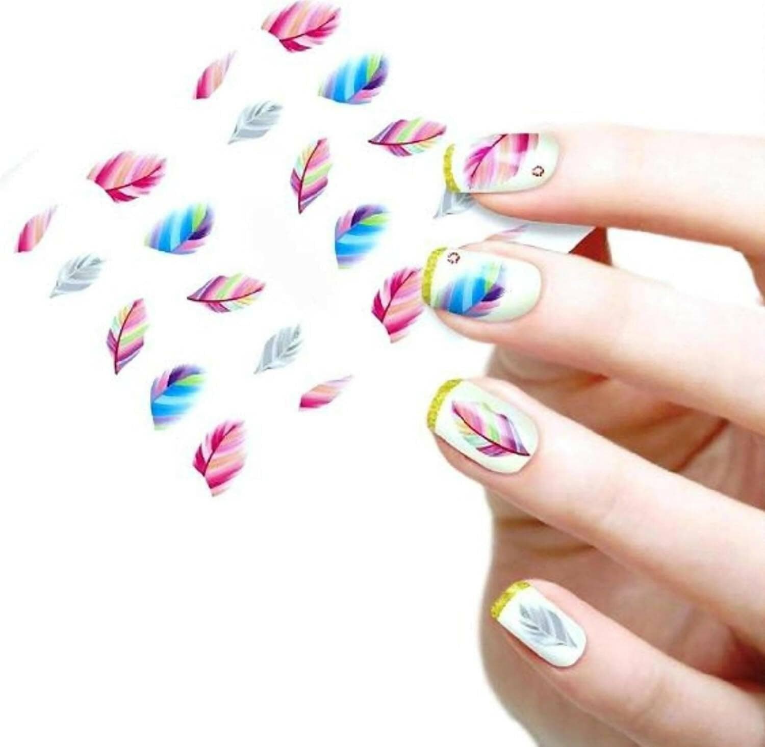 STZ Multicolor Feather Nail Art Manicure Decals Water Transfer Stickers (2 Sheets) - HalfPe