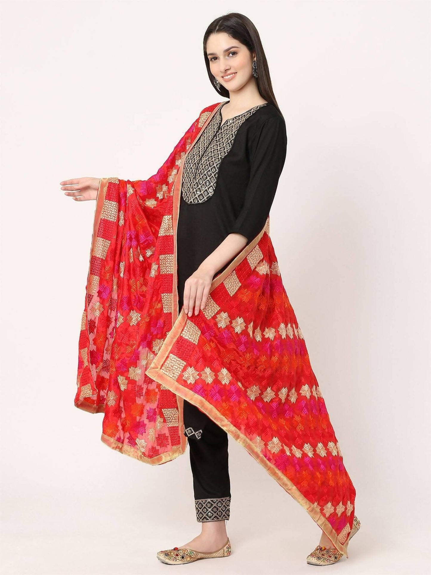 Red Mullticolour Embroidery Phulkari Dupatta - HalfPe