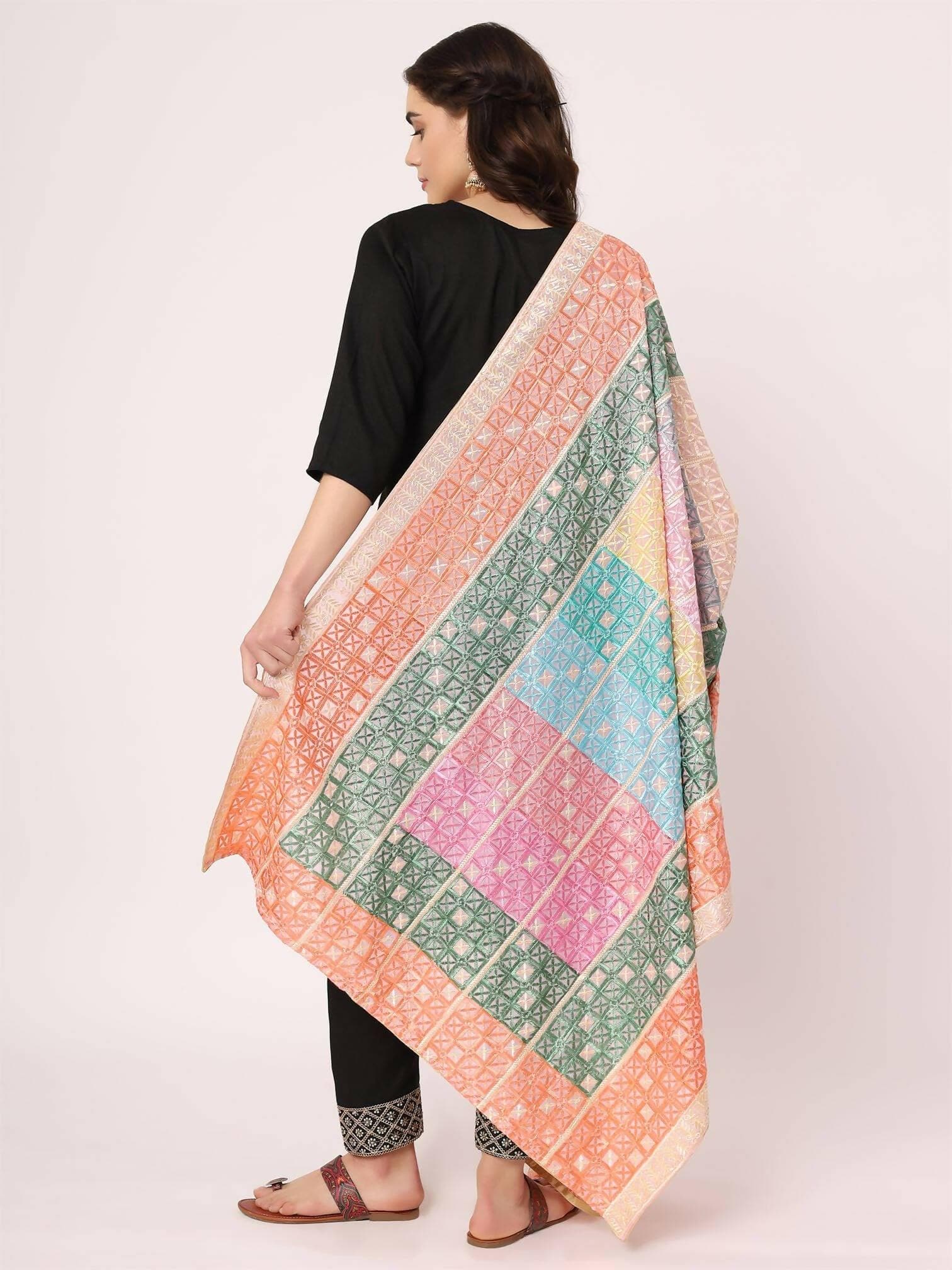 Pastel Colours Embroidery Phulkari Dupatta - HalfPe