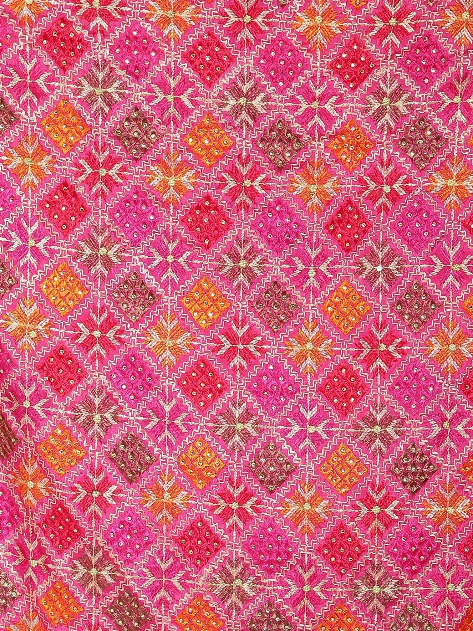 Multicolour Phulkari Dupatta with mirror work (Magenta Pink Orange ) - HalfPe