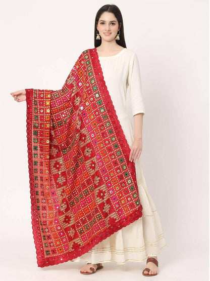 Multicolour Embroidery Phulkari Dupatta With Pearls (marron) - HalfPe