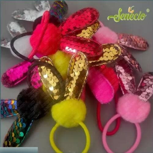 SENECIO Rabbit Ear Sequin Embellished Multicolour Fur Scrunchies Rubber Band Combo (Set of 2) - HalfPe