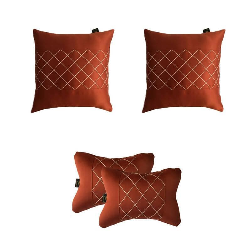 Lushomes car pillows and cushions, Embriodered Rust car pillow, cushion for car, pillows for car, car pillow set of 4, car cushion set(2 pc Cushions-12 x 12 inches & 2 pcs Neck Rest Pillow 6x10 inch) - HalfPe