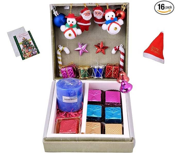 MANTOUSS Christmas Themed Chocolate Gift Box + 1 Scented Candle + Christmas Card + Christmas Tree Decoration Set + Santa Cap - HalfPe