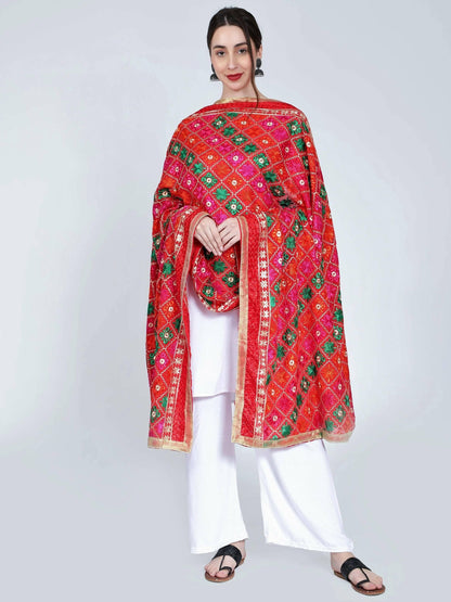 Multicolour Phulkari dupatta (red) - HalfPe