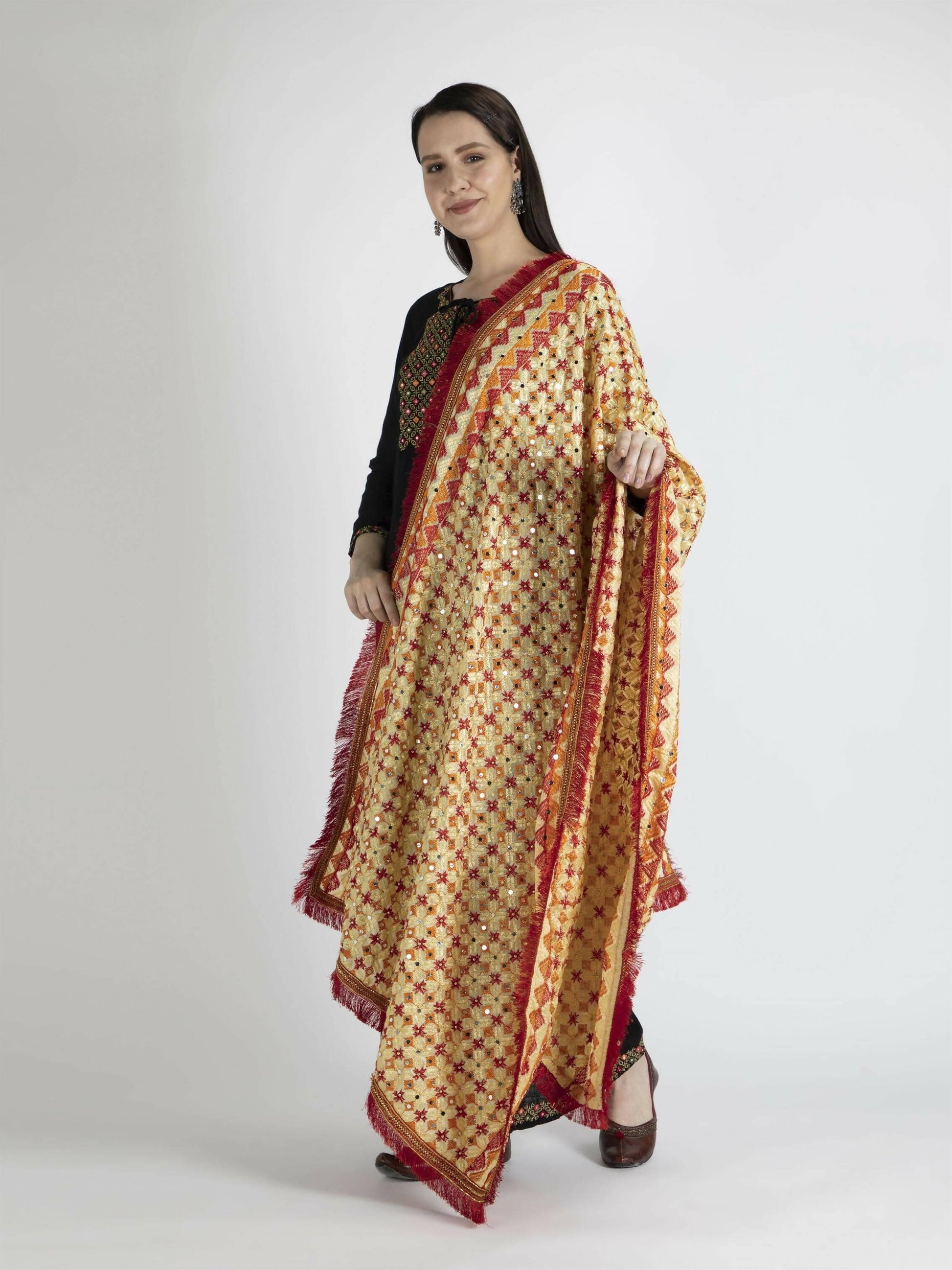 Phulkari Dupatta with Mirror Work (Beige Red) - HalfPe